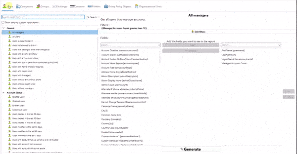 AD FastReporter Filter manager in action